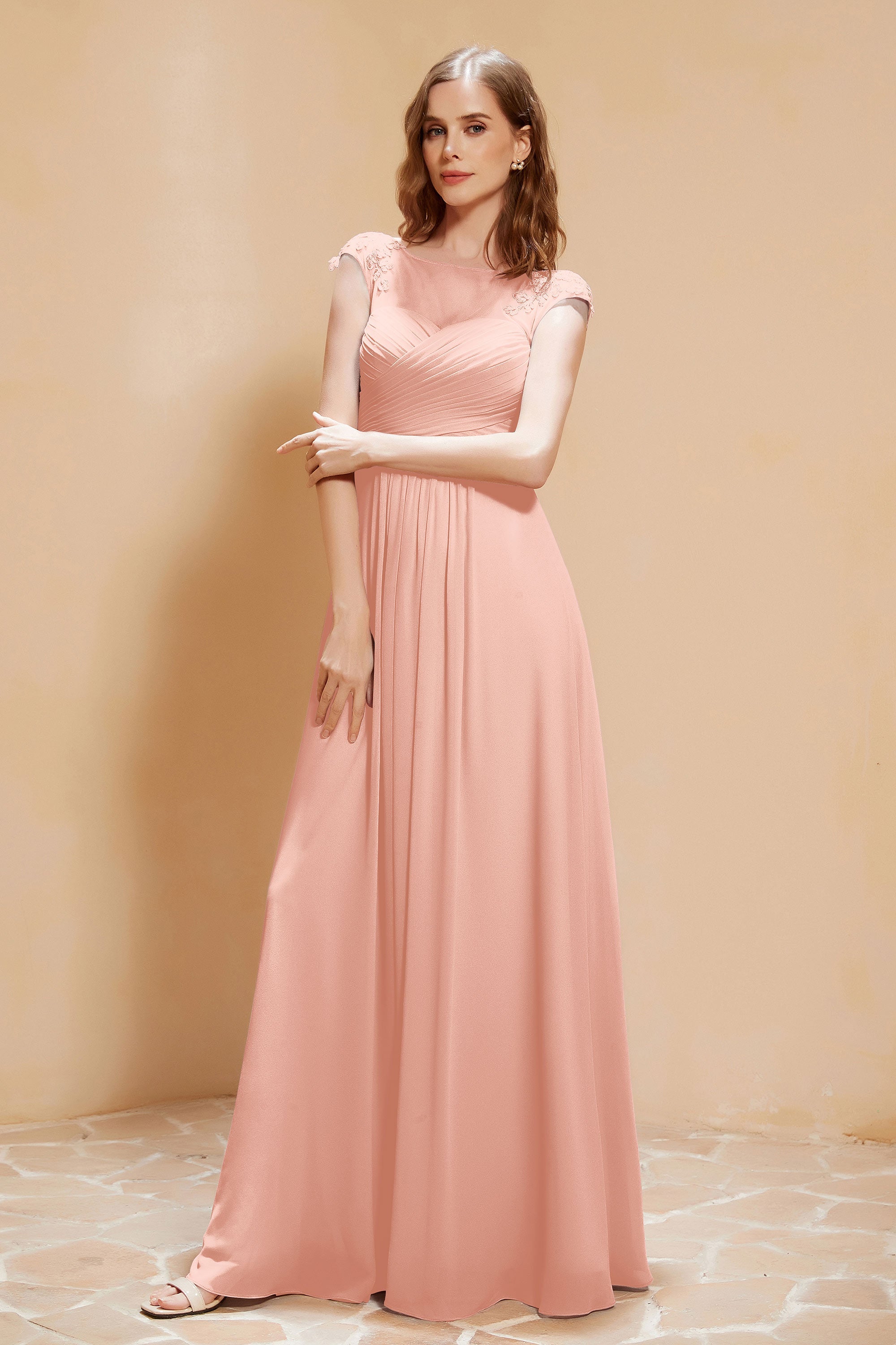 Illusion Neck Cap Sleeves Chiffon Bridesmaid Dress with Lace Formal Evening Prom Gowns