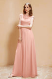 Illusion Neck Cap Sleeves Chiffon Bridesmaid Dress with Lace Formal Evening Prom Gowns