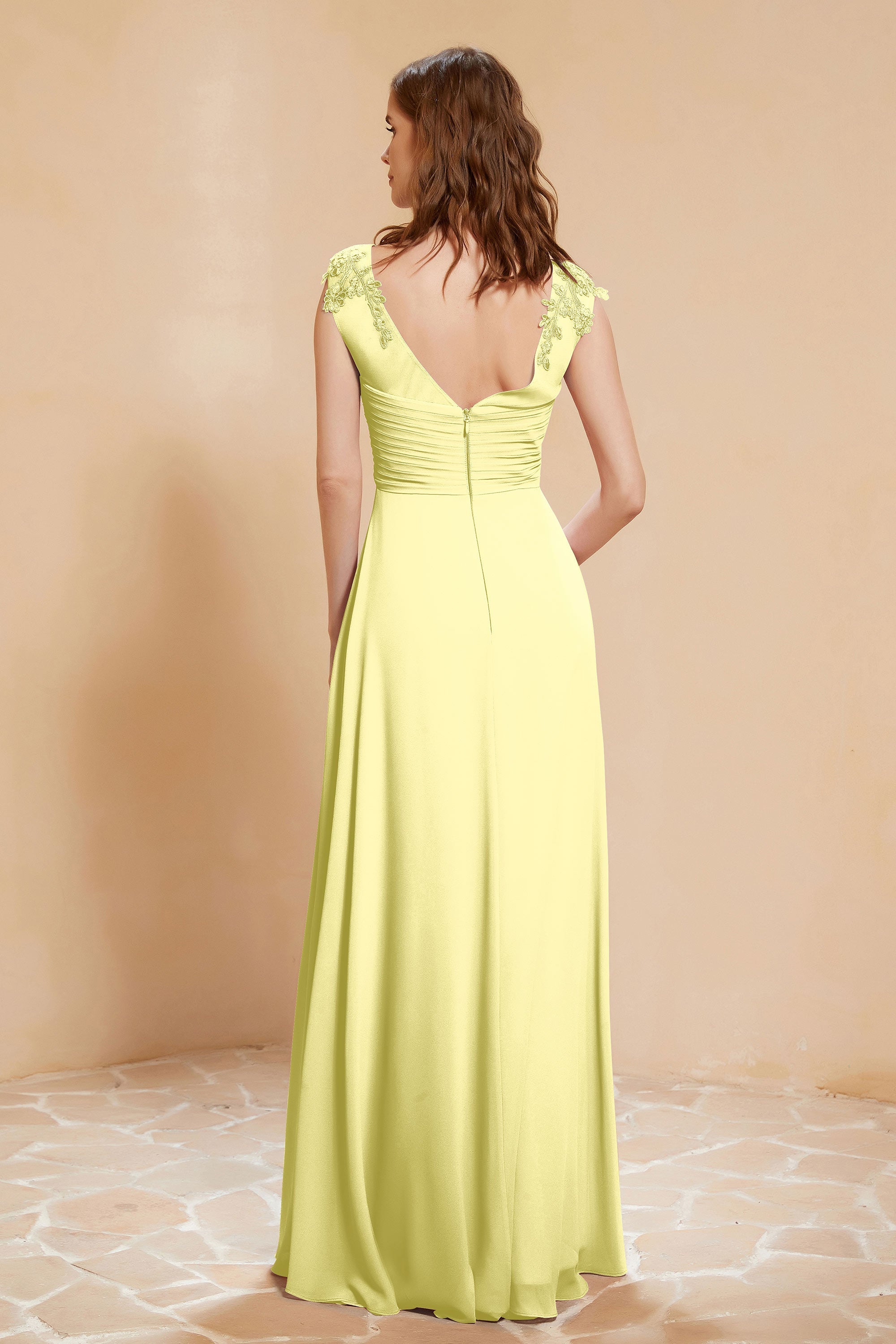 Illusion Neck Cap Sleeves Chiffon Bridesmaid Dress with Lace Formal Evening Prom Gowns