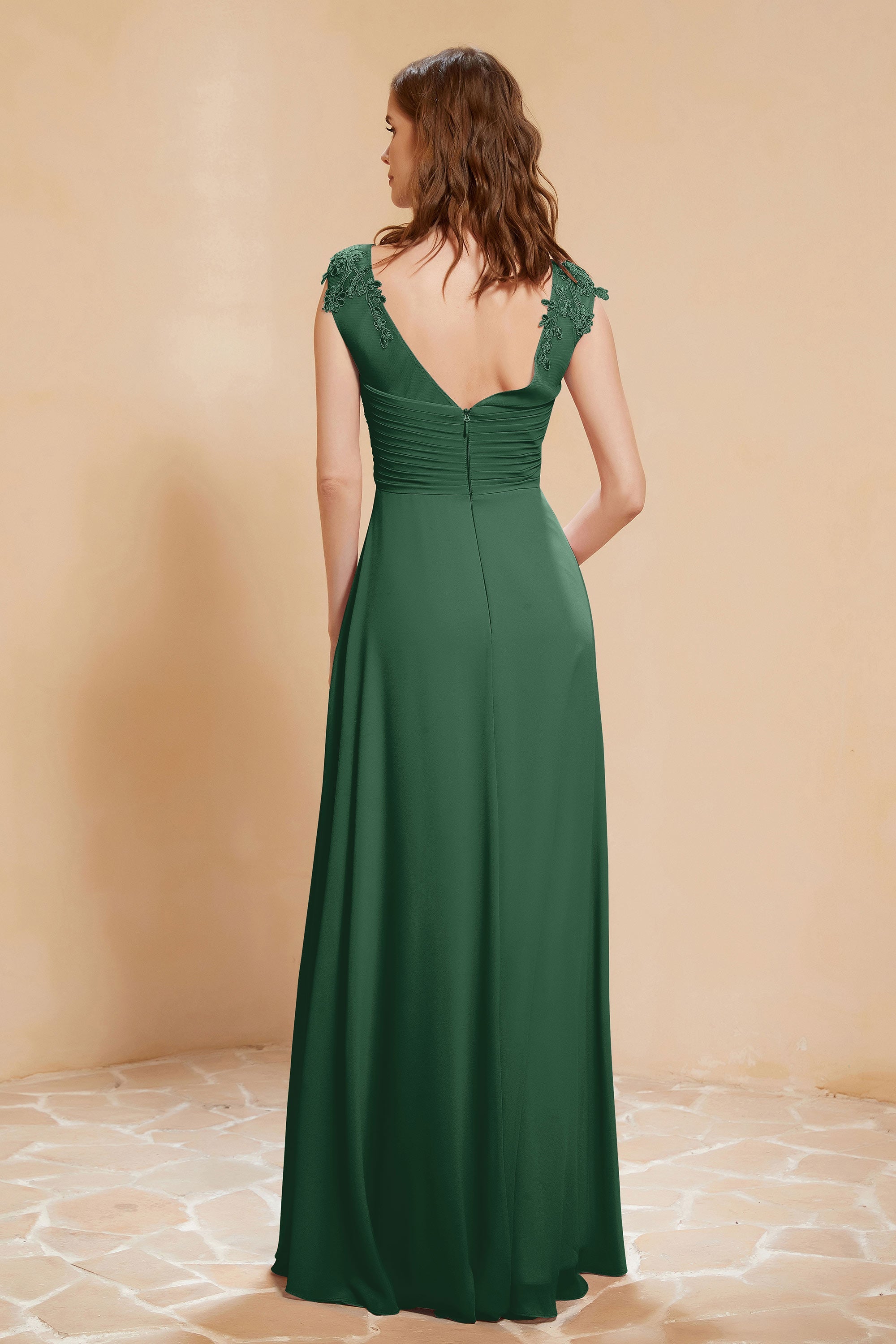 Illusion Neck Cap Sleeves Chiffon Bridesmaid Dress with Lace Formal Evening Prom Gowns