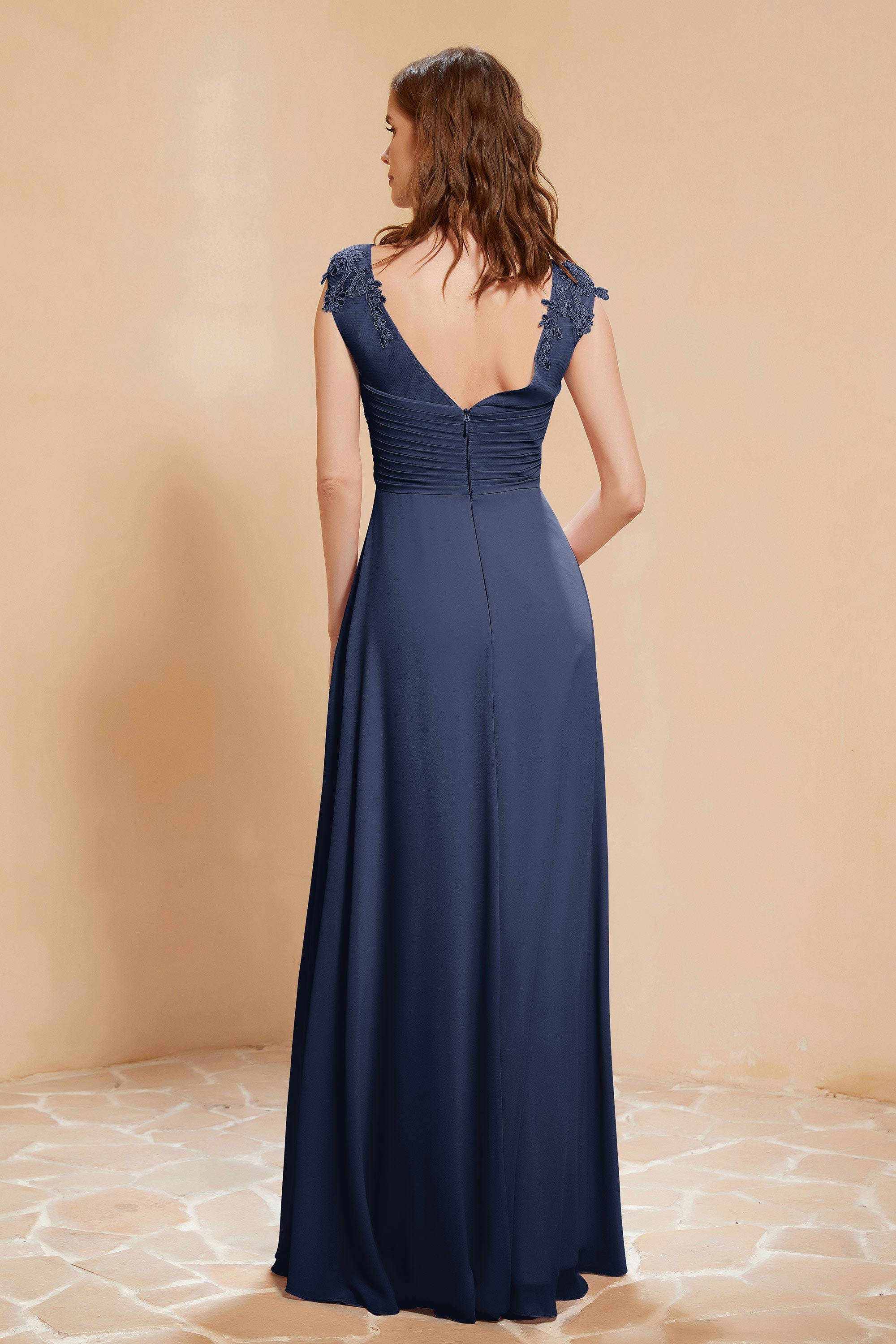 Illusion Neck Cap Sleeves Chiffon Bridesmaid Dress with Lace Formal Evening Prom Gowns