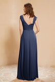 Illusion Neck Cap Sleeves Chiffon Bridesmaid Dress with Lace Formal Evening Prom Gowns
