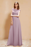 Illusion Neck Cap Sleeves Chiffon Bridesmaid Dress with Lace Formal Evening Prom Gowns