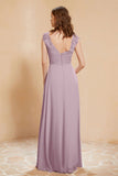 Illusion Neck Cap Sleeves Chiffon Bridesmaid Dress with Lace Formal Evening Prom Gowns