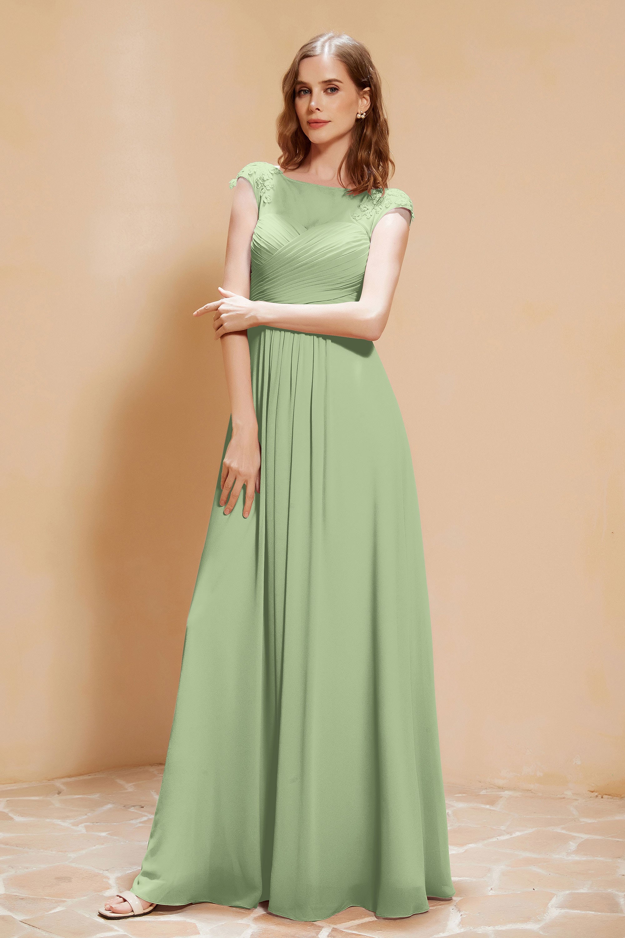 Illusion Neck Cap Sleeves Chiffon Bridesmaid Dress with Lace Formal Evening Prom Gowns