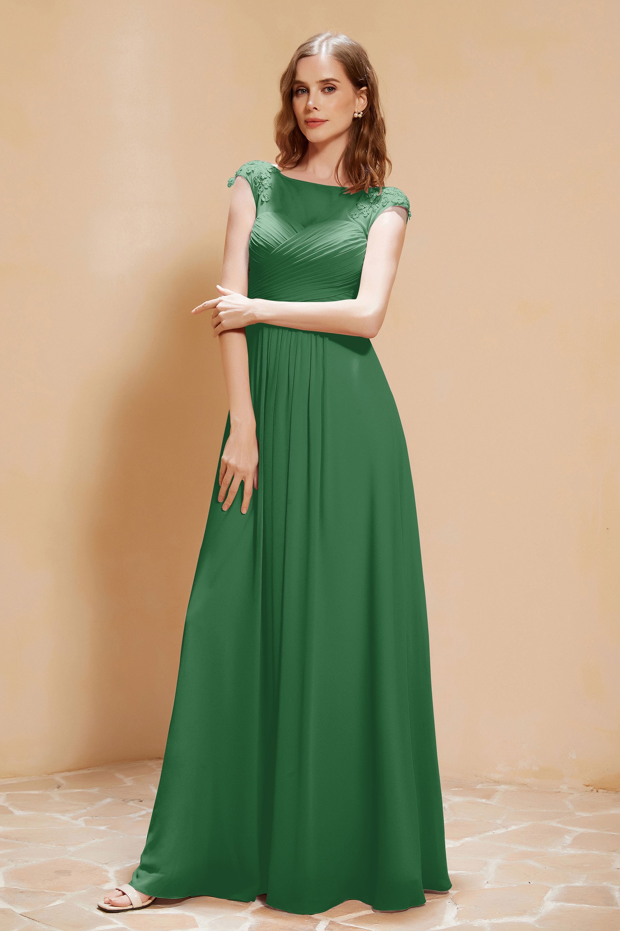 Illusion Neck Cap Sleeves Chiffon Bridesmaid Dress with Lace Formal Evening Prom Gowns