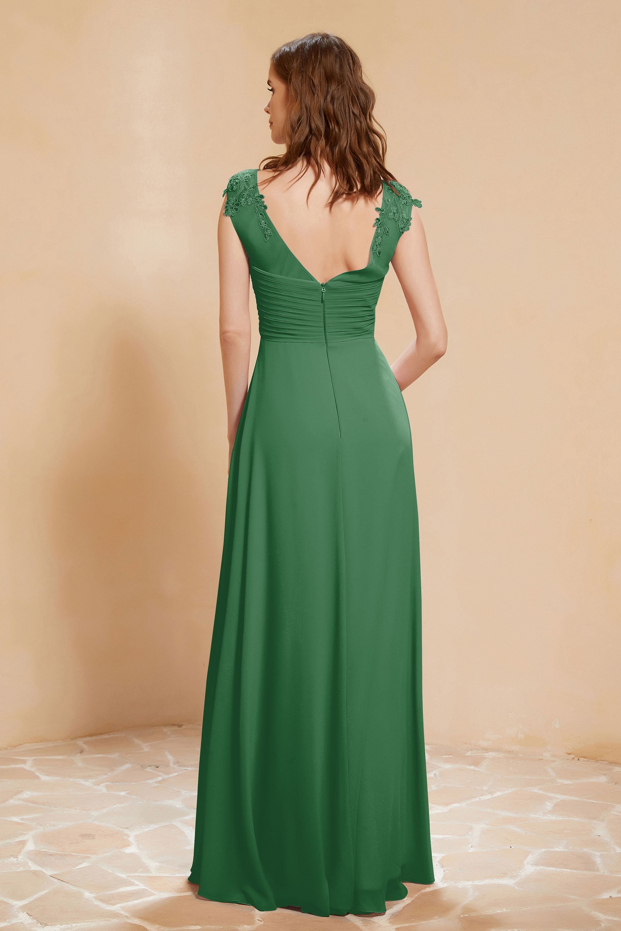 Illusion Neck Cap Sleeves Chiffon Bridesmaid Dress with Lace Formal Evening Prom Gowns