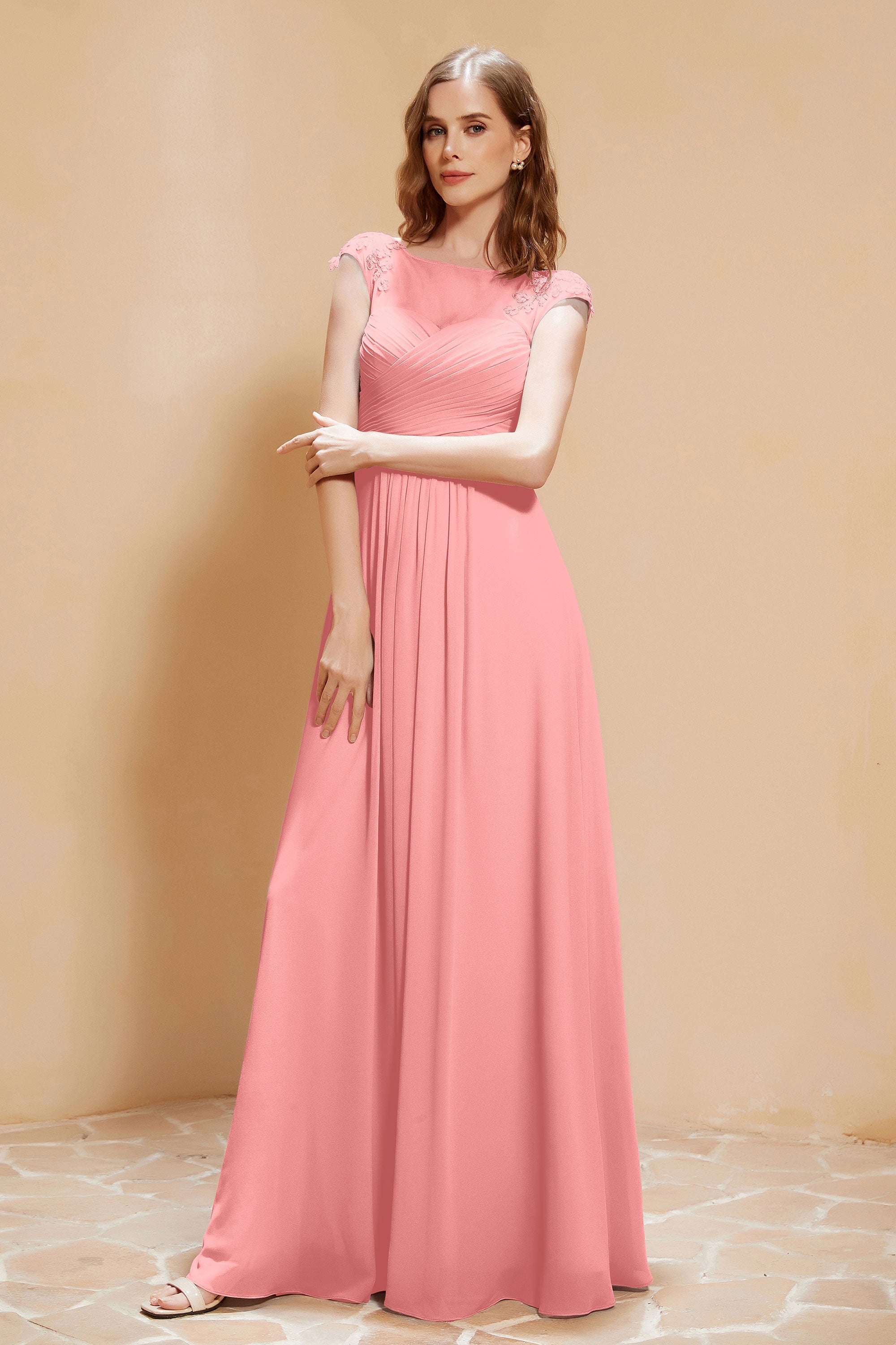 Illusion Neck Cap Sleeves Chiffon Bridesmaid Dress with Lace Formal Evening Prom Gowns