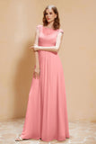 Illusion Neck Cap Sleeves Chiffon Bridesmaid Dress with Lace Formal Evening Prom Gowns