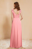 Illusion Neck Cap Sleeves Chiffon Bridesmaid Dress with Lace Formal Evening Prom Gowns