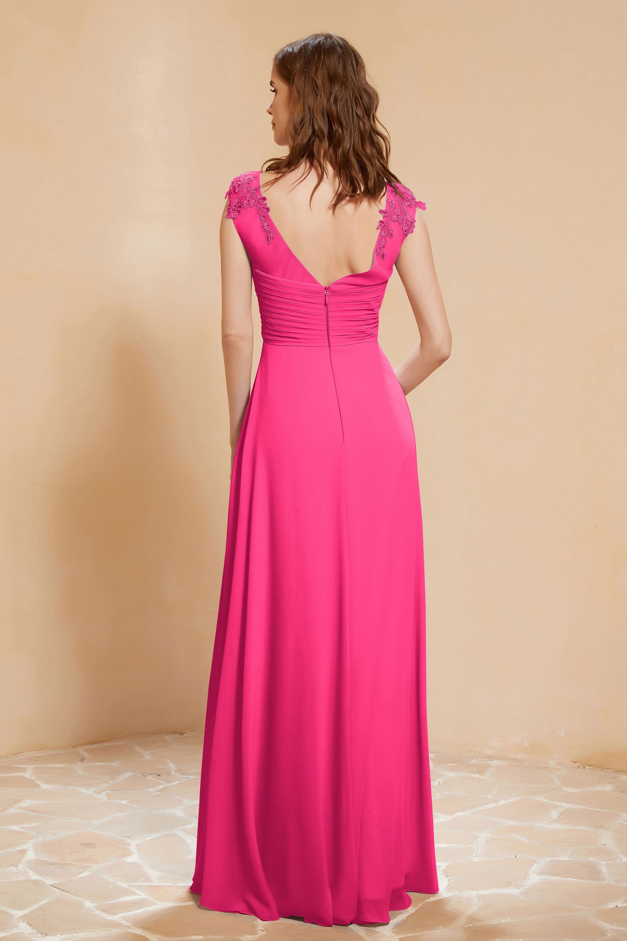 Illusion Neck Cap Sleeves Chiffon Bridesmaid Dress with Lace Formal Evening Prom Gowns