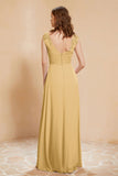 Illusion Neck Cap Sleeves Chiffon Bridesmaid Dress with Lace Formal Evening Prom Gowns