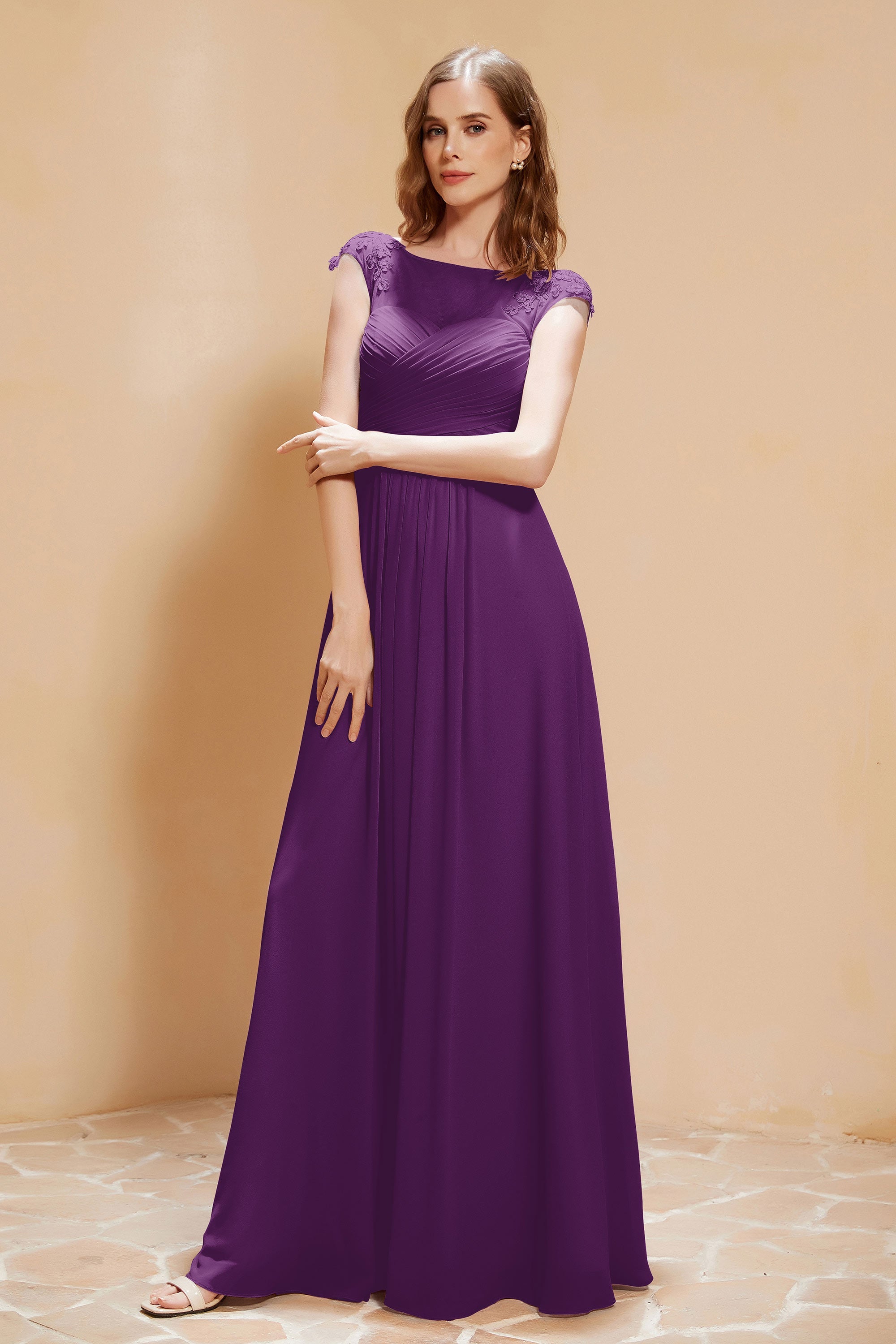 Illusion Neck Cap Sleeves Chiffon Bridesmaid Dress with Lace Formal Evening Prom Gowns