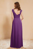 Illusion Neck Cap Sleeves Chiffon Bridesmaid Dress with Lace Formal Evening Prom Gowns