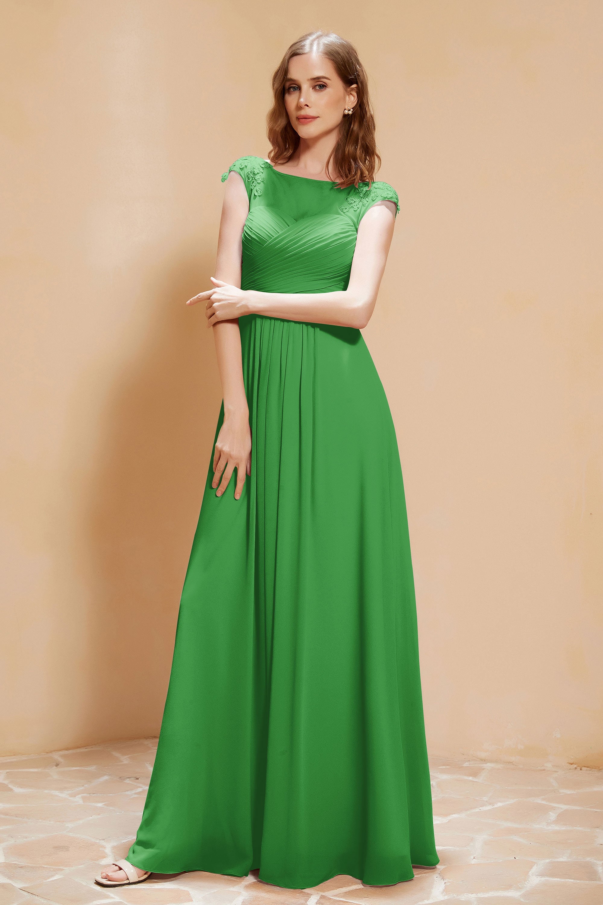 Illusion Neck Cap Sleeves Chiffon Bridesmaid Dress with Lace Formal Evening Prom Gowns