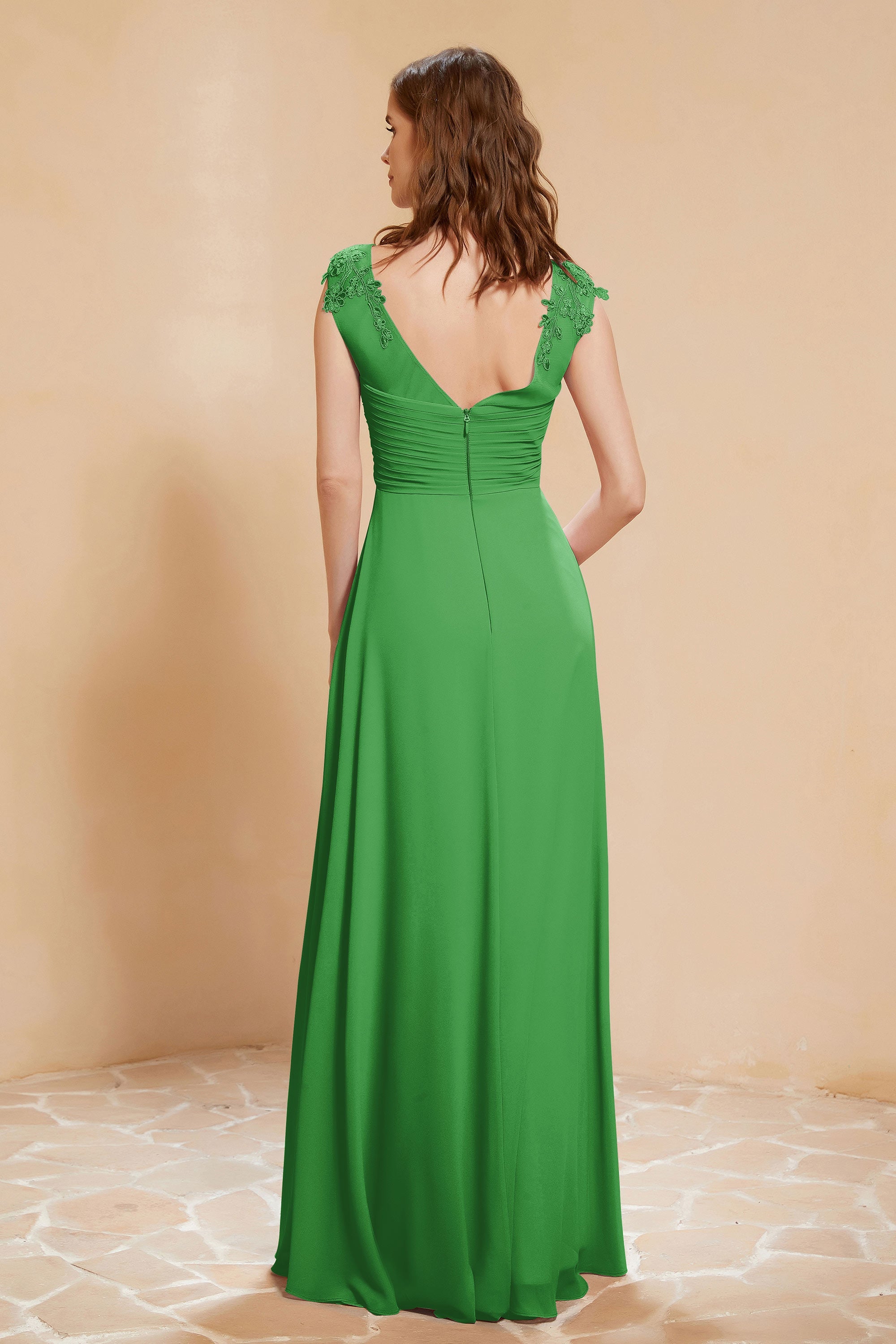 Illusion Neck Cap Sleeves Chiffon Bridesmaid Dress with Lace Formal Evening Prom Gowns
