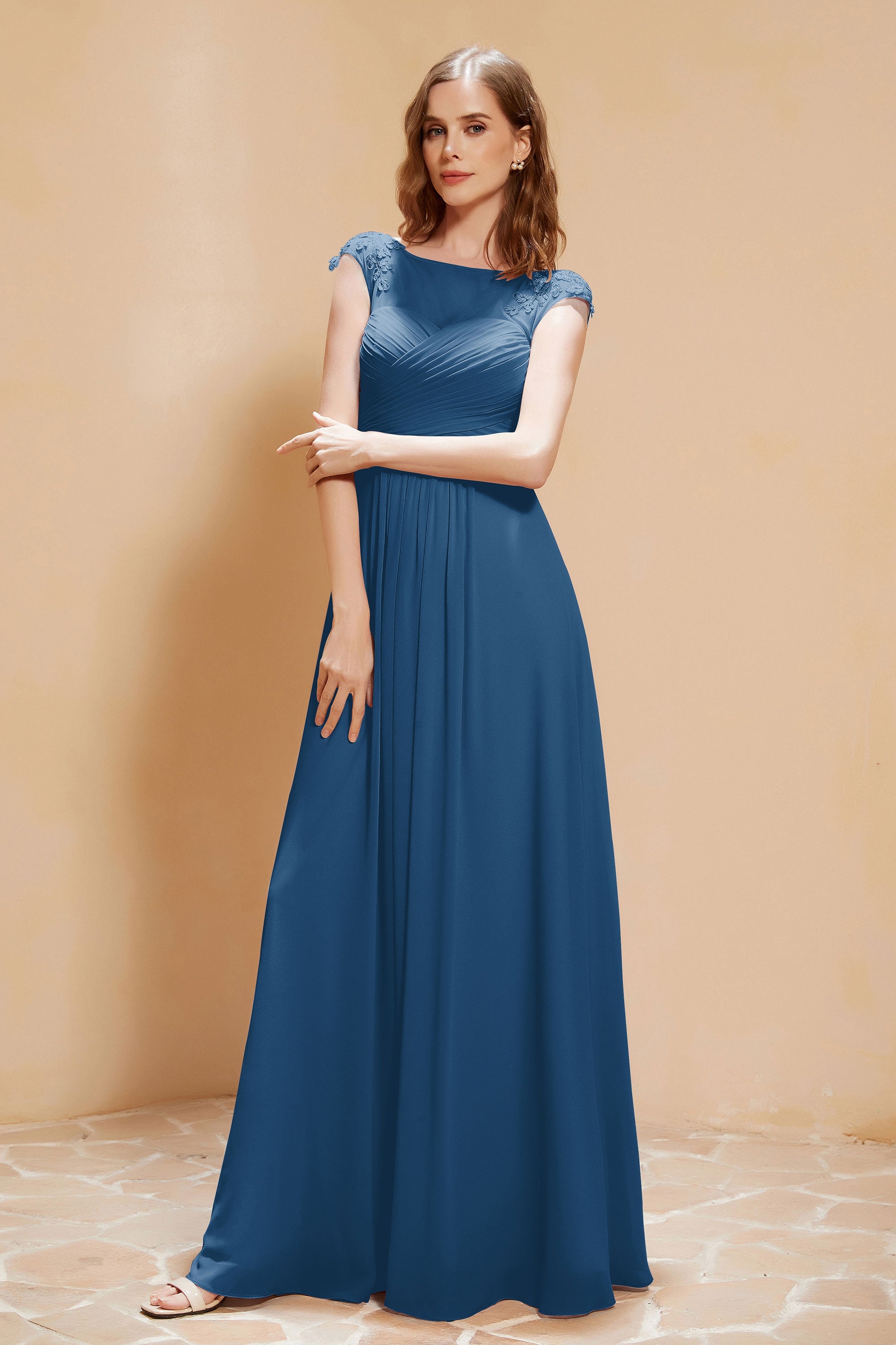 Illusion Neck Cap Sleeves Chiffon Bridesmaid Dress with Lace Formal Evening Prom Gowns
