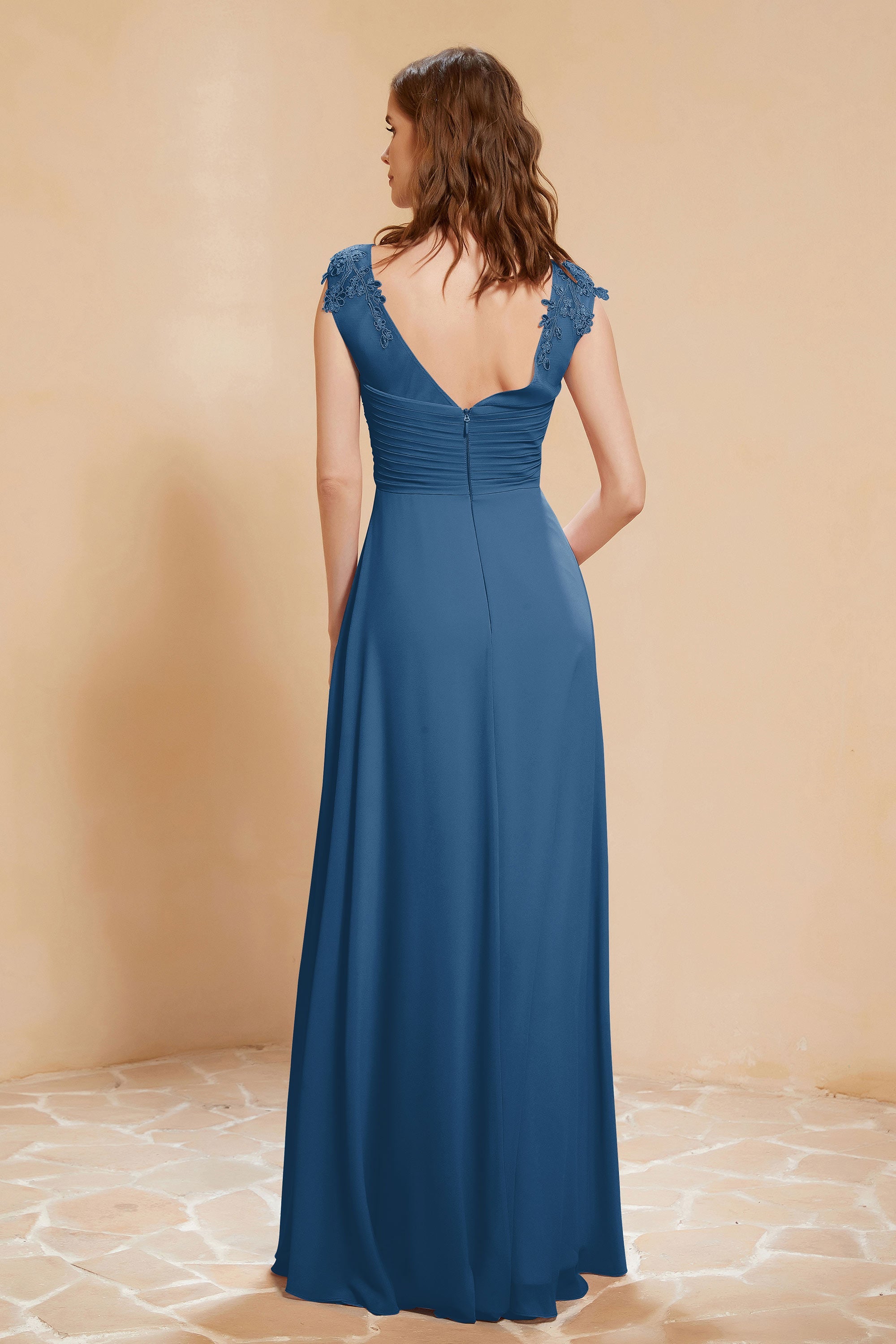 Illusion Neck Cap Sleeves Chiffon Bridesmaid Dress with Lace Formal Evening Prom Gowns