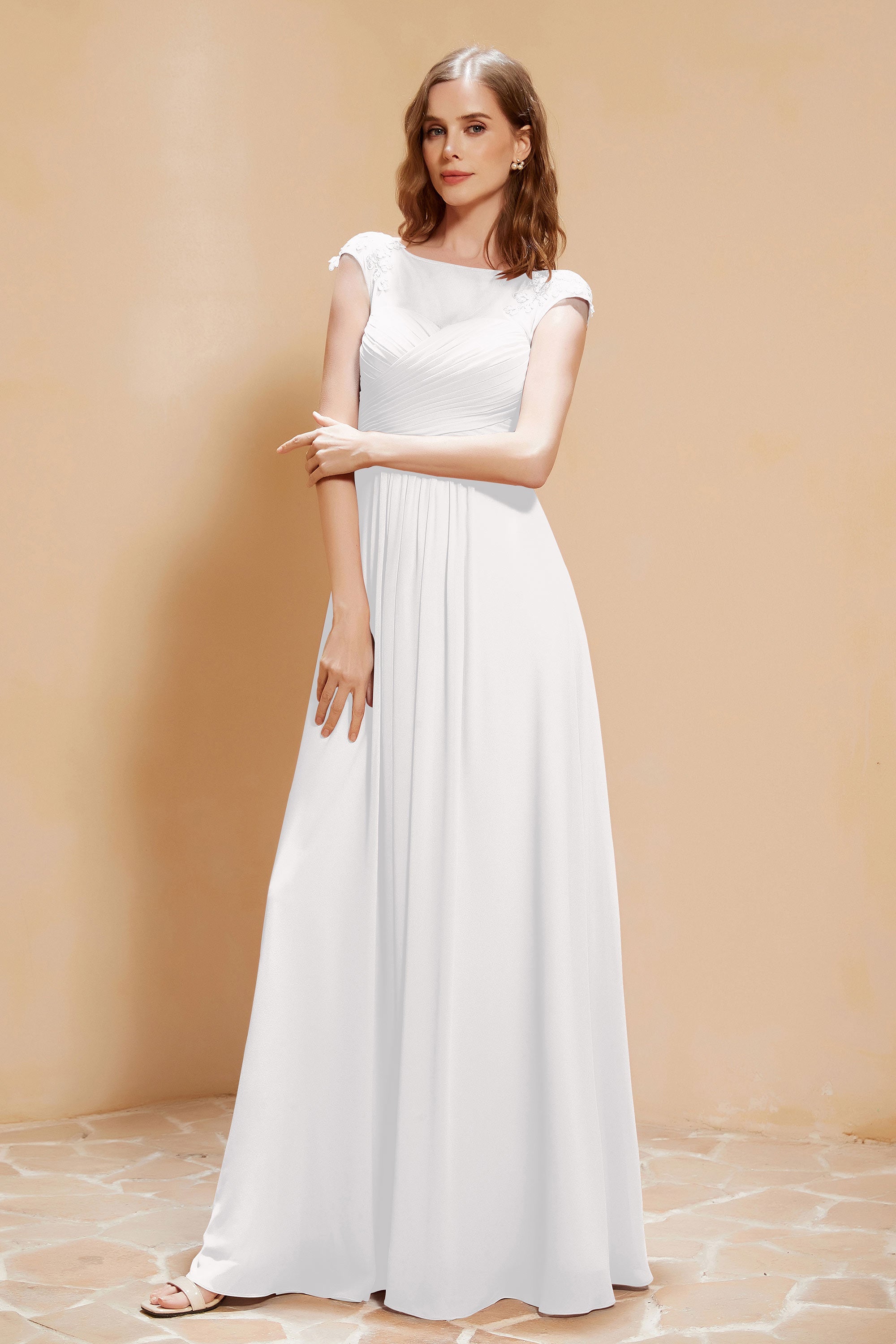 Illusion Neck Cap Sleeves Chiffon Bridesmaid Dress with Lace Formal Evening Prom Gowns