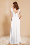 Illusion Neck Cap Sleeves Chiffon Bridesmaid Dress with Lace Formal Evening Prom Gowns