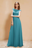 Illusion Neck Cap Sleeves Chiffon Bridesmaid Dress with Lace Formal Evening Prom Gowns