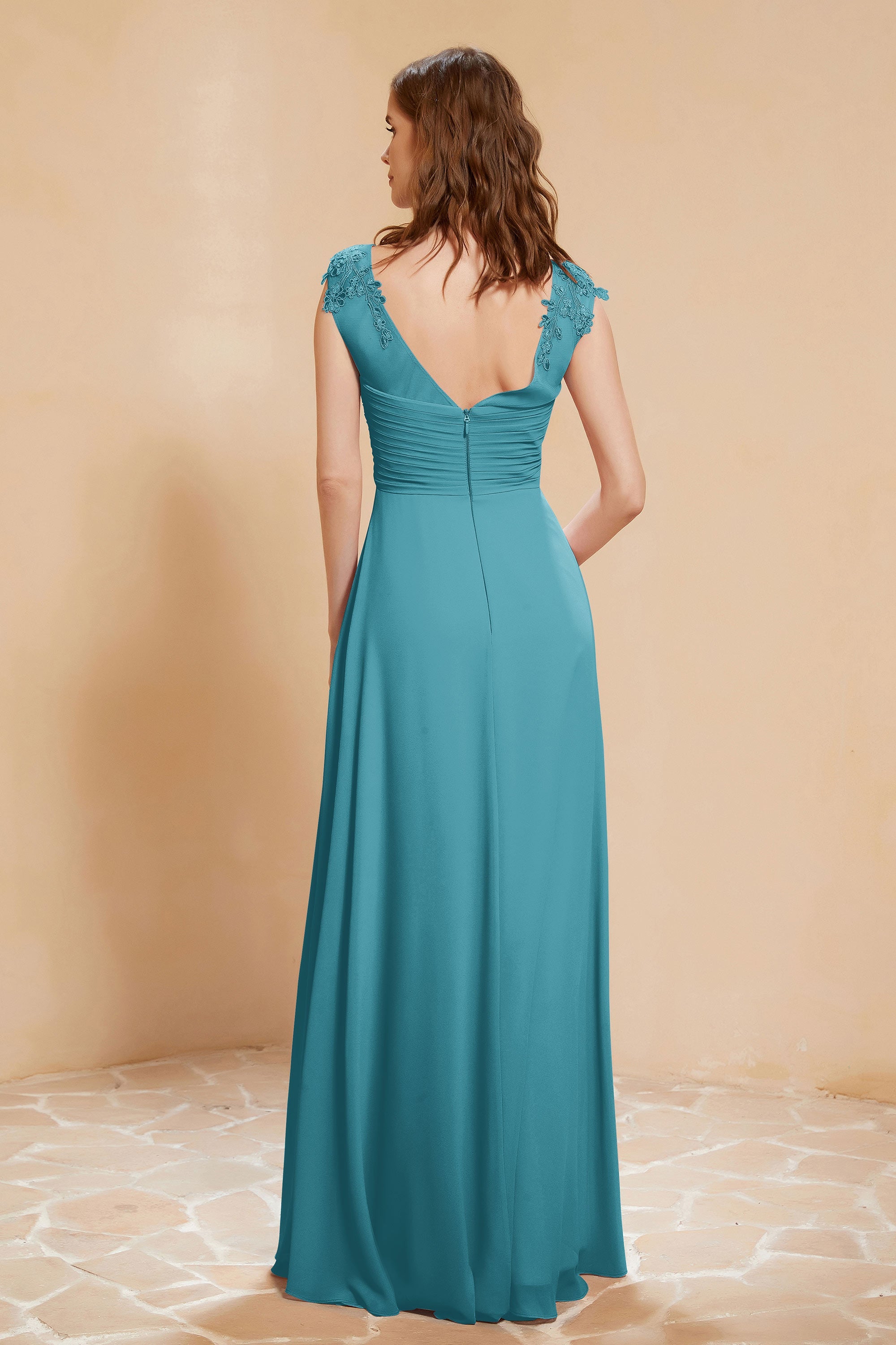 Illusion Neck Cap Sleeves Chiffon Bridesmaid Dress with Lace Formal Evening Prom Gowns