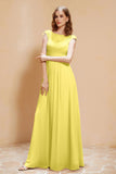 Illusion Neck Cap Sleeves Chiffon Bridesmaid Dress with Lace Formal Evening Prom Gowns