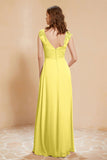 Illusion Neck Cap Sleeves Chiffon Bridesmaid Dress with Lace Formal Evening Prom Gowns