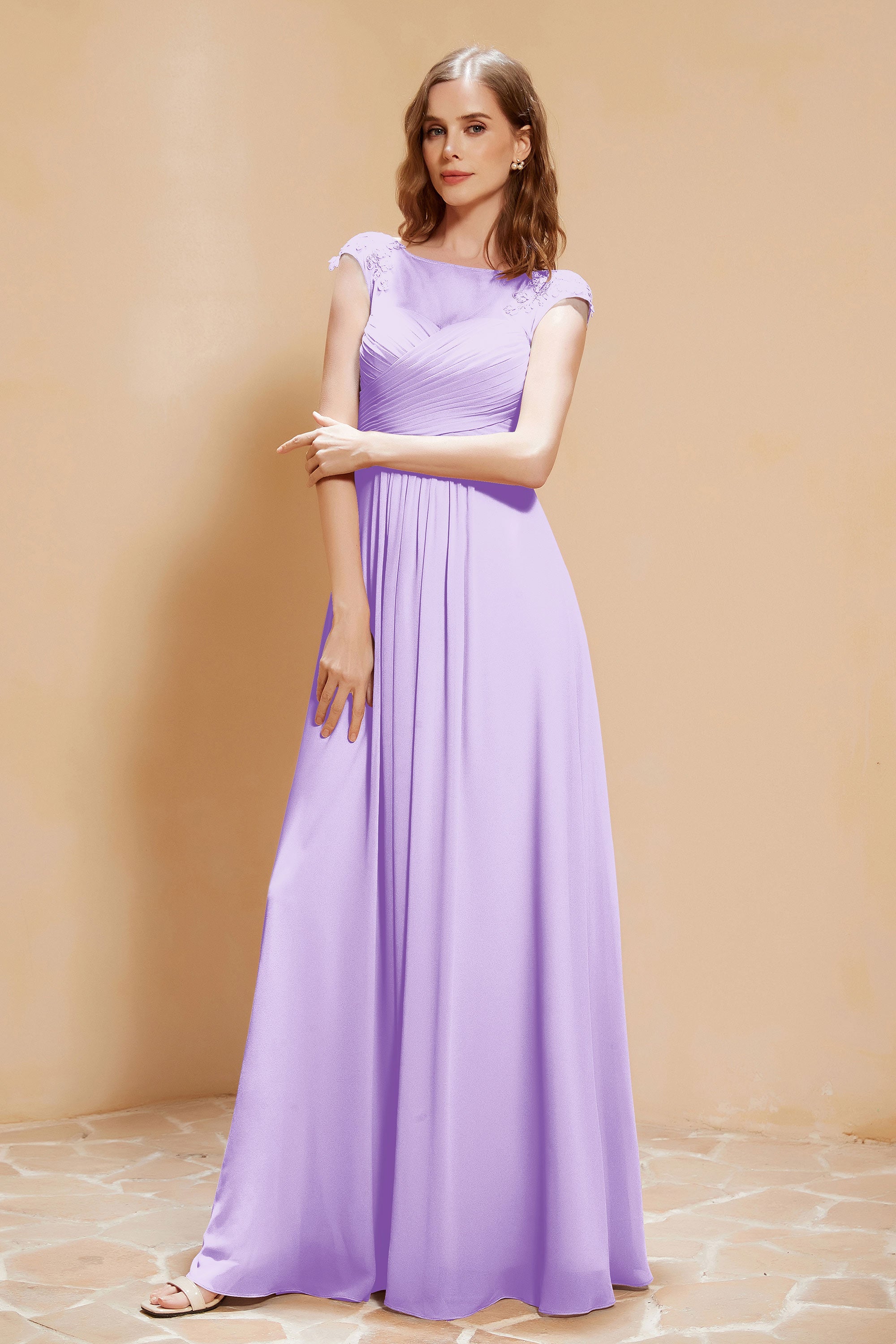 Illusion Neck Cap Sleeves Chiffon Bridesmaid Dress with Lace Formal Evening Prom Gowns