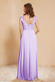Illusion Neck Cap Sleeves Chiffon Bridesmaid Dress with Lace Formal Evening Prom Gowns