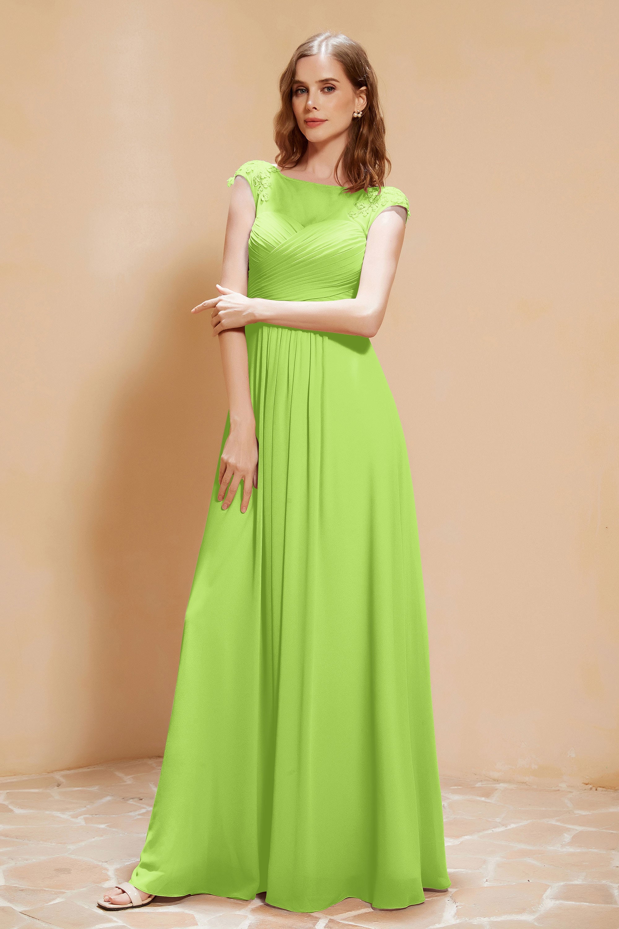 Illusion Neck Cap Sleeves Chiffon Bridesmaid Dress with Lace Formal Evening Prom Gowns
