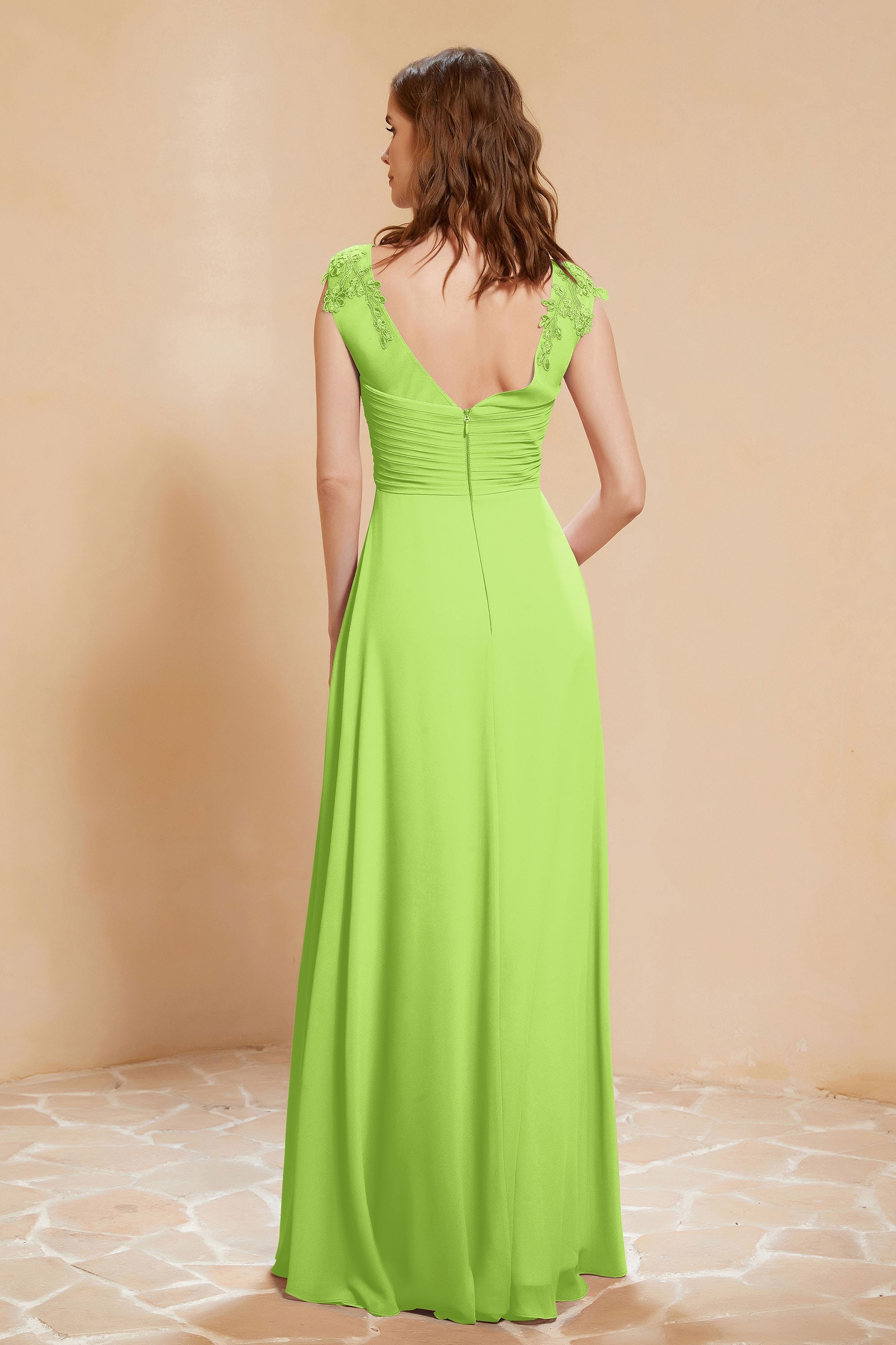 Illusion Neck Cap Sleeves Chiffon Bridesmaid Dress with Lace Formal Evening Prom Gowns