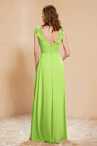 Illusion Neck Cap Sleeves Chiffon Bridesmaid Dress with Lace Formal Evening Prom Gowns