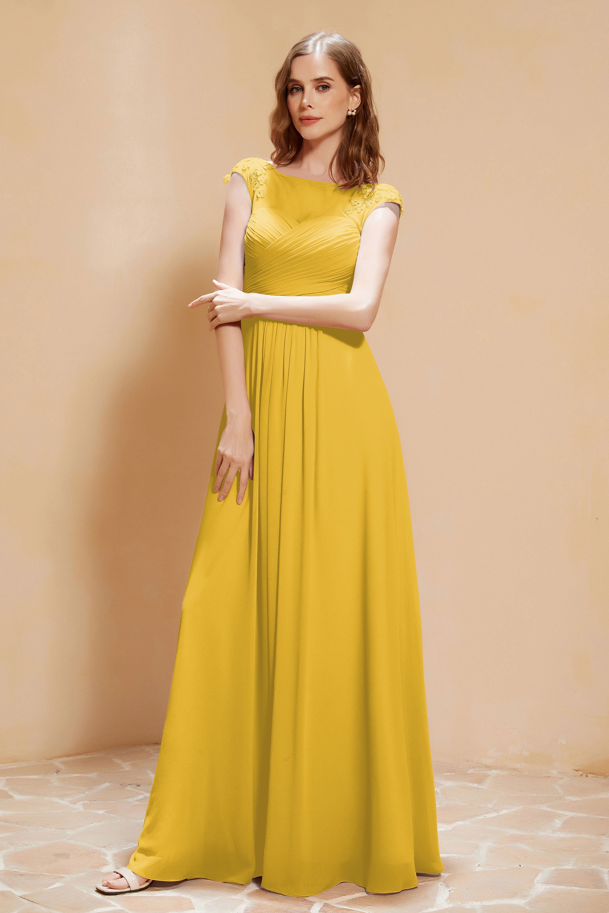 Illusion Neck Cap Sleeves Chiffon Bridesmaid Dress with Lace Formal Evening Prom Gowns
