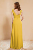 Illusion Neck Cap Sleeves Chiffon Bridesmaid Dress with Lace Formal Evening Prom Gowns