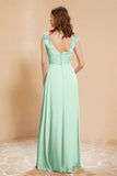 Illusion Neck Cap Sleeves Chiffon Bridesmaid Dress with Lace Formal Evening Prom Gowns