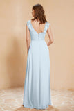 Illusion Neck Cap Sleeves Chiffon Bridesmaid Dress with Lace Formal Evening Prom Gowns