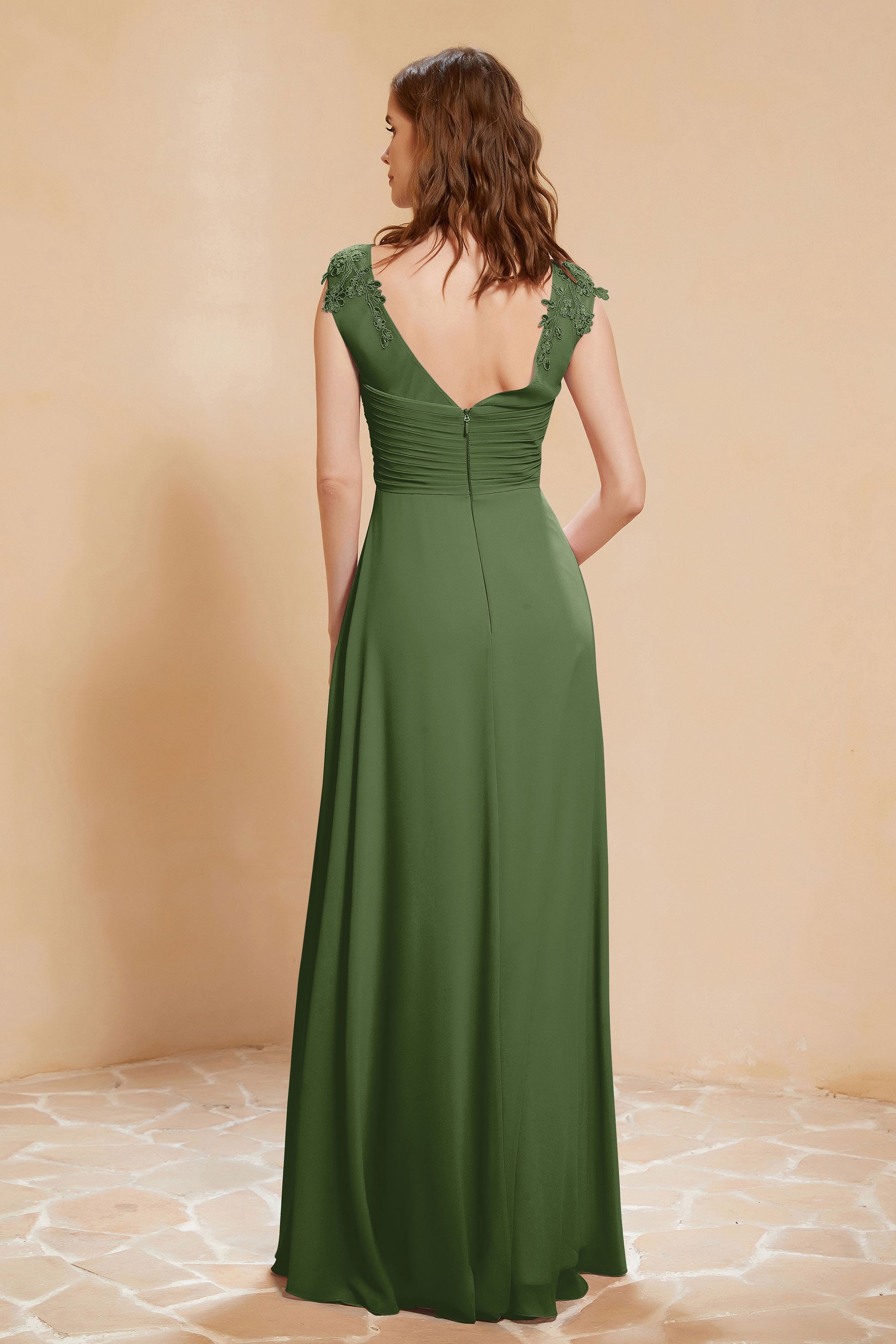 Illusion Neck Cap Sleeves Chiffon Bridesmaid Dress with Lace Formal Evening Prom Gowns
