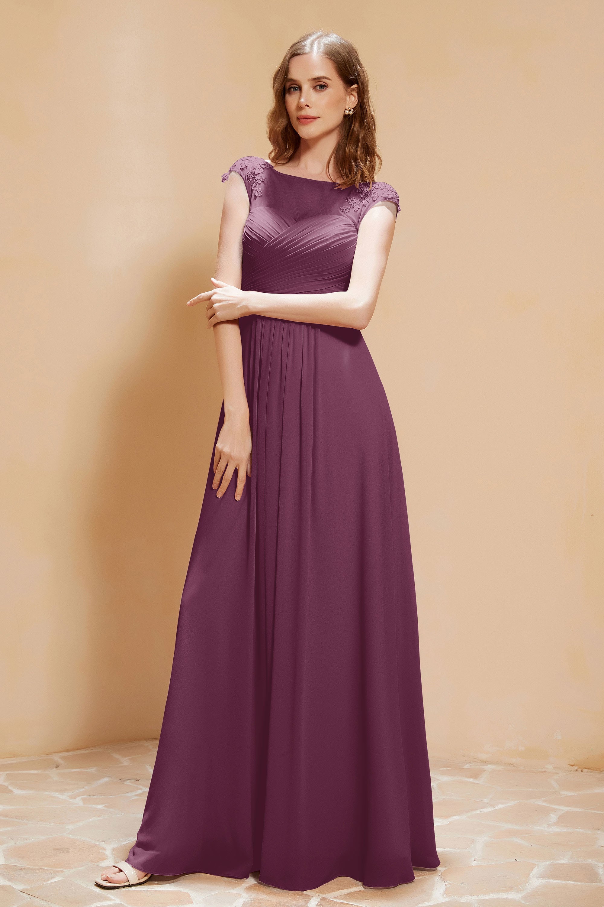 Illusion Neck Cap Sleeves Chiffon Bridesmaid Dress with Lace Formal Evening Prom Gowns