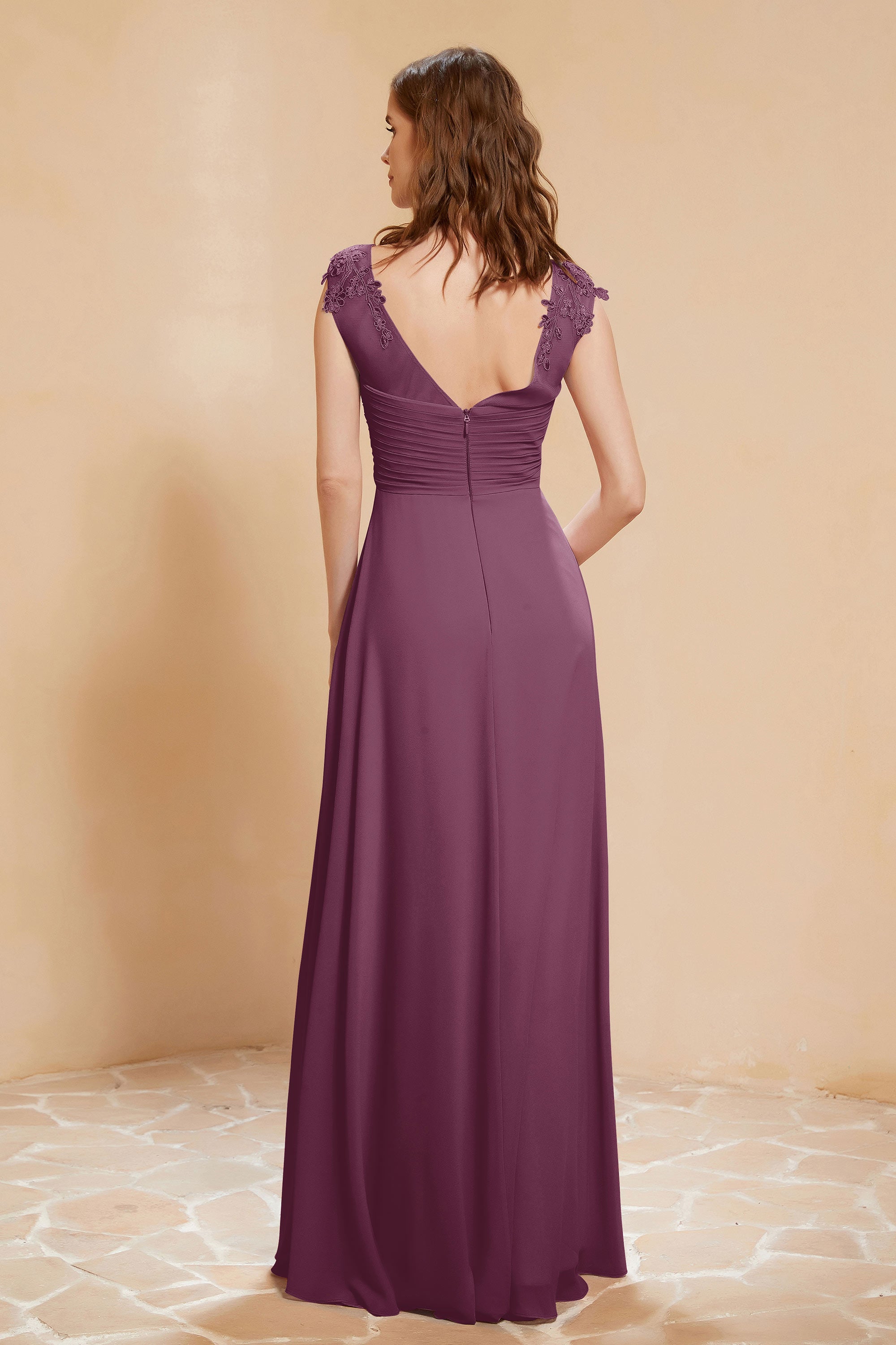 Illusion Neck Cap Sleeves Chiffon Bridesmaid Dress with Lace Formal Evening Prom Gowns