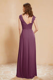 Illusion Neck Cap Sleeves Chiffon Bridesmaid Dress with Lace Formal Evening Prom Gowns