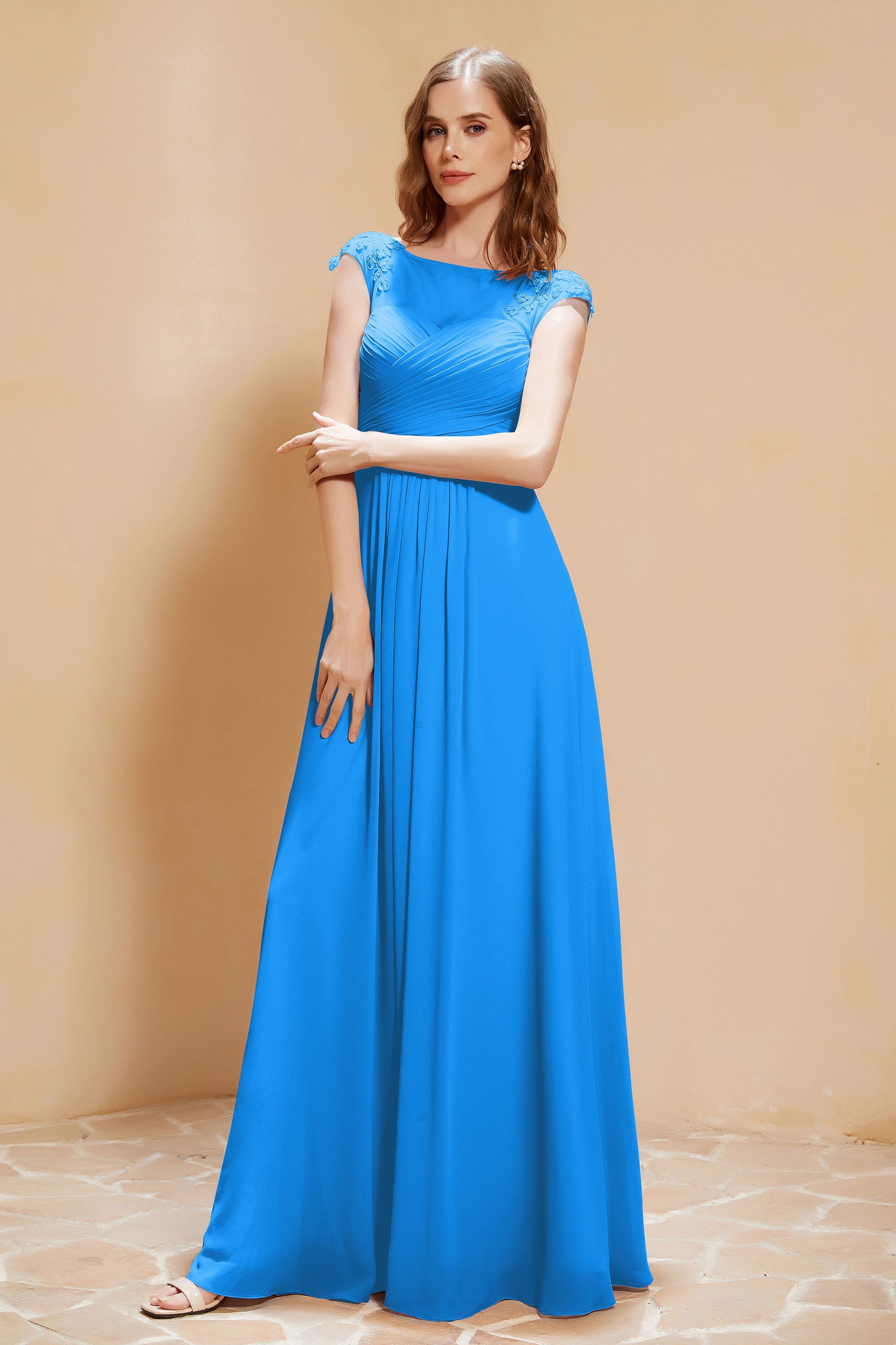 Illusion Neck Cap Sleeves Chiffon Bridesmaid Dress with Lace Formal Evening Prom Gowns