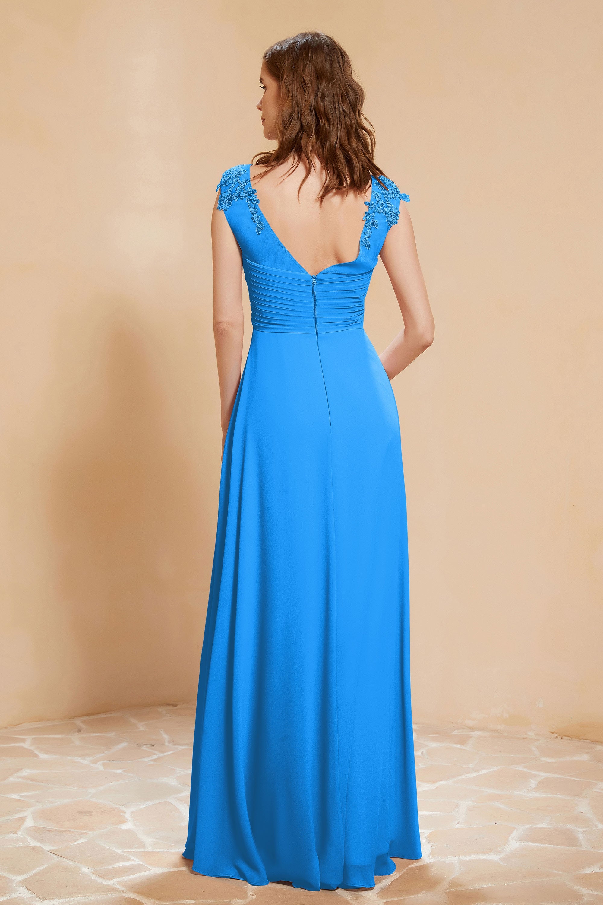 Illusion Neck Cap Sleeves Chiffon Bridesmaid Dress with Lace Formal Evening Prom Gowns