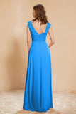 Illusion Neck Cap Sleeves Chiffon Bridesmaid Dress with Lace Formal Evening Prom Gowns