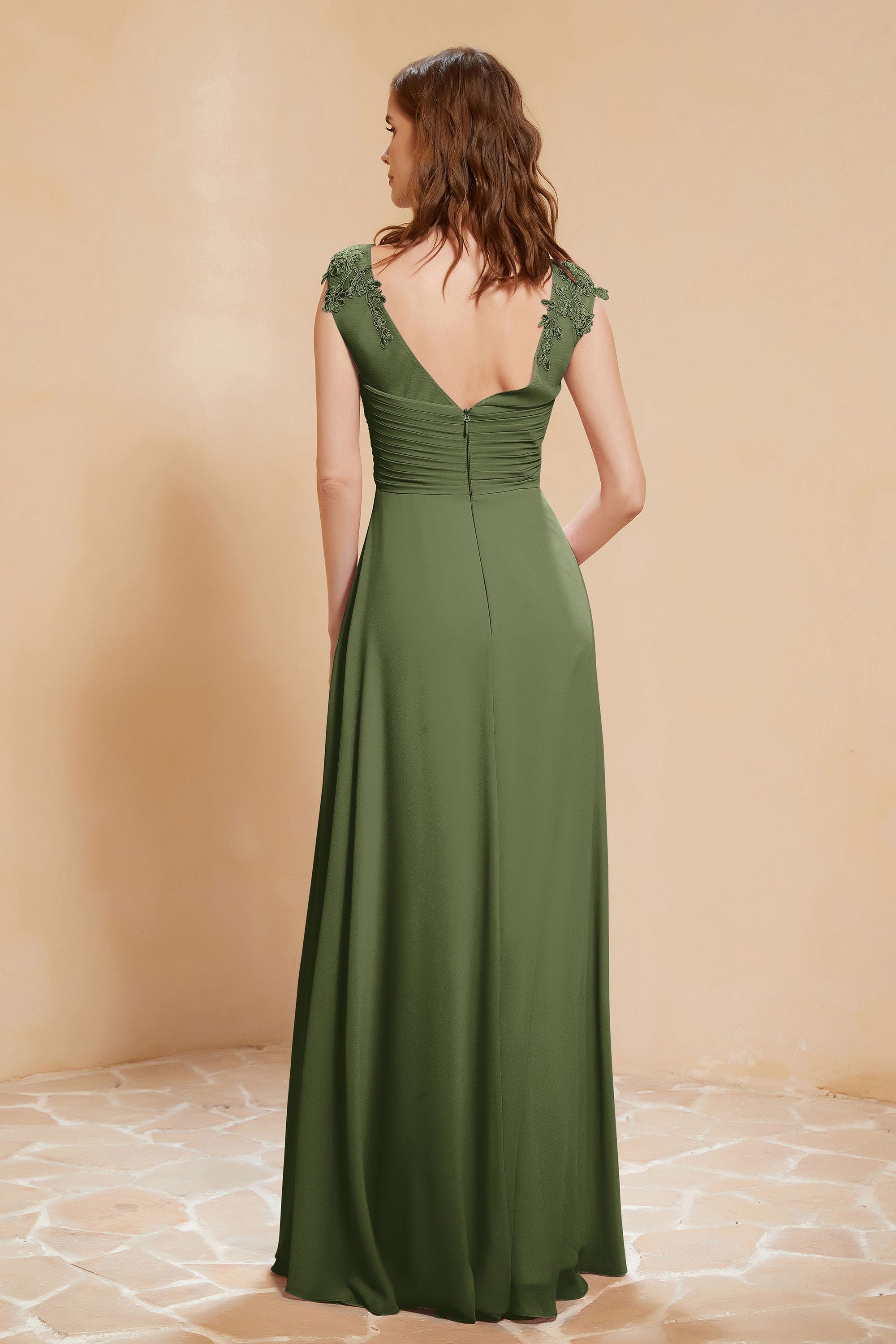 Illusion Neck Cap Sleeves Chiffon Bridesmaid Dress with Lace Formal Evening Prom Gowns