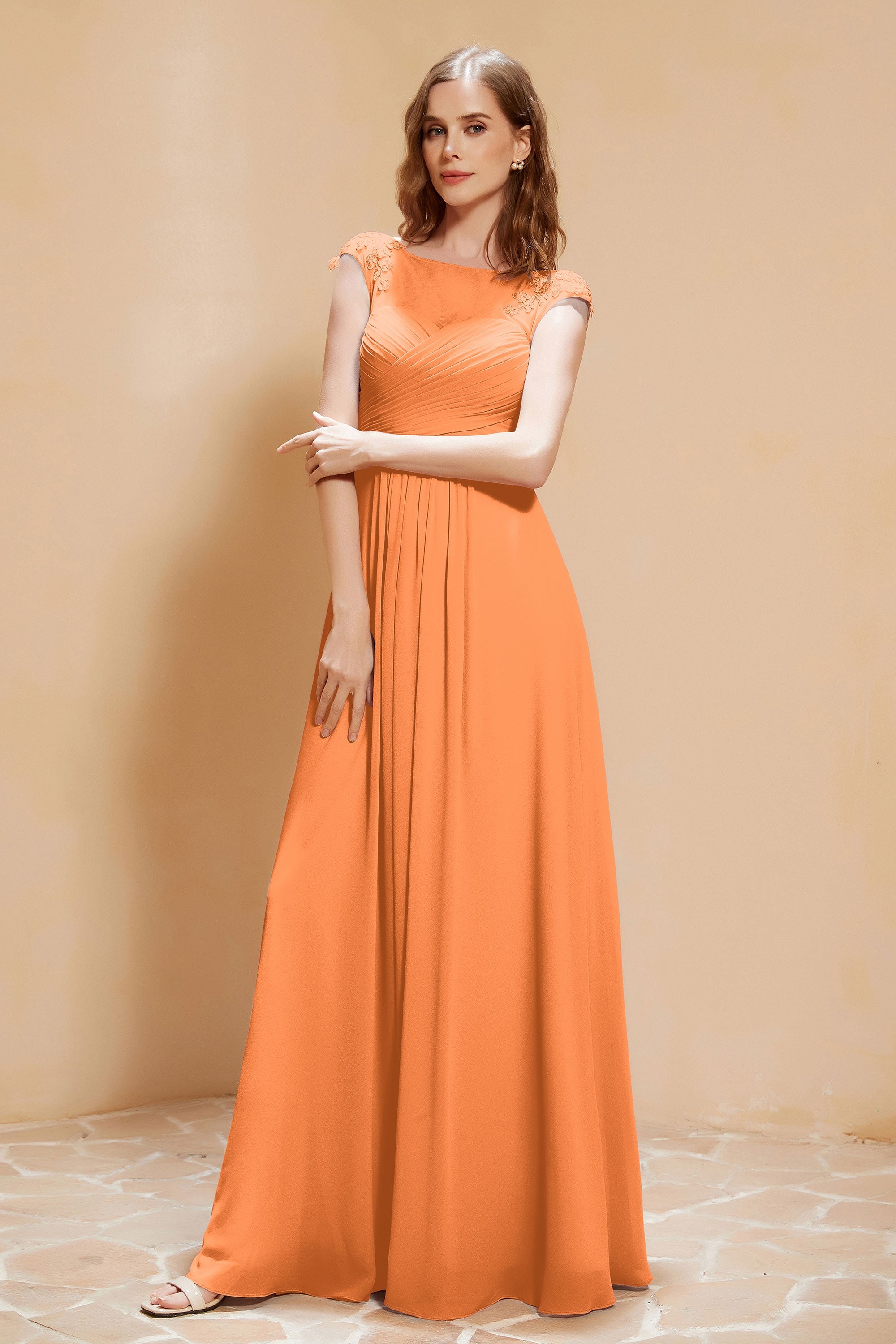 Illusion Neck Cap Sleeves Chiffon Bridesmaid Dress with Lace Formal Evening Prom Gowns