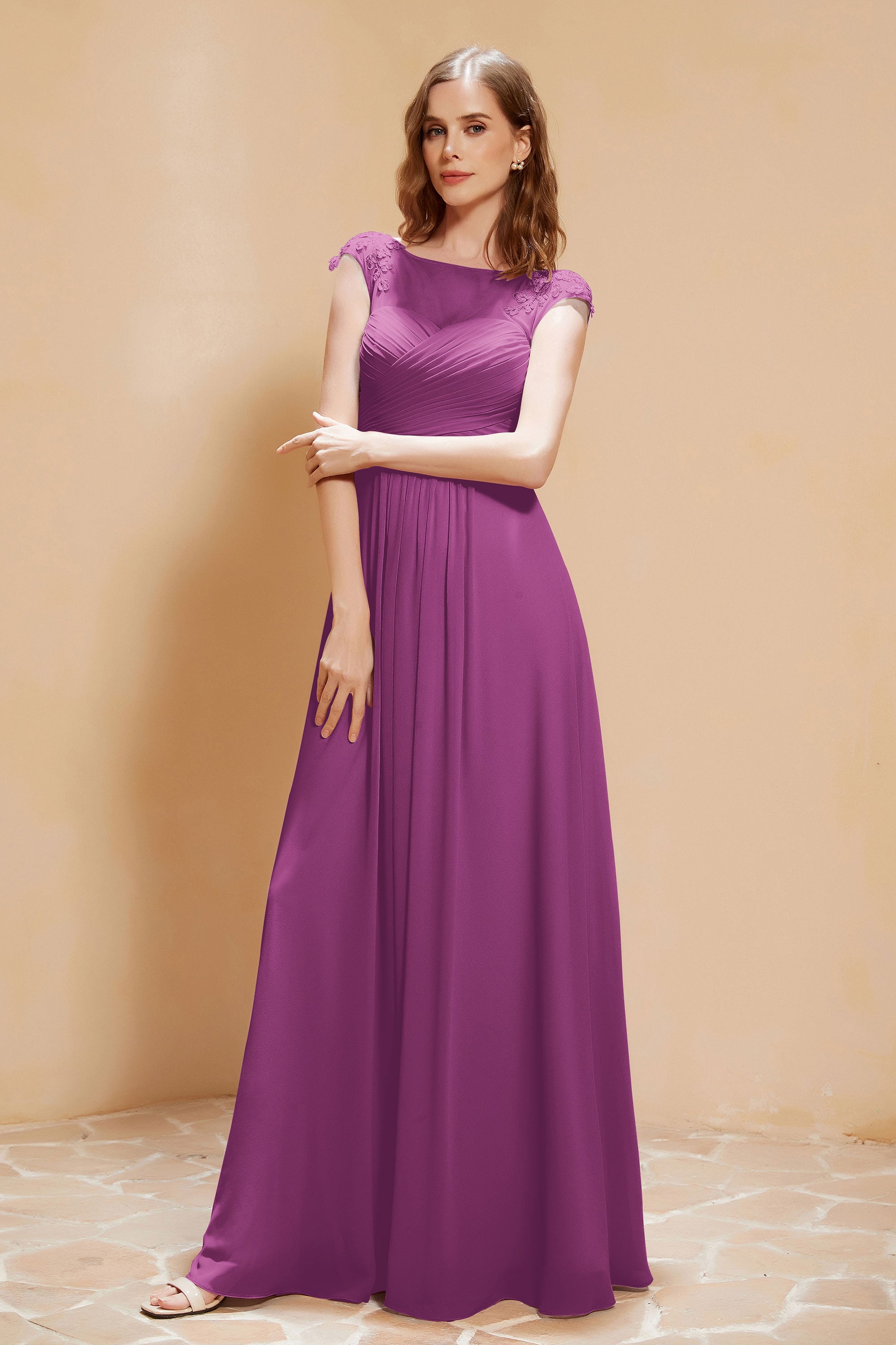 Illusion Neck Cap Sleeves Chiffon Bridesmaid Dress with Lace Formal Evening Prom Gowns