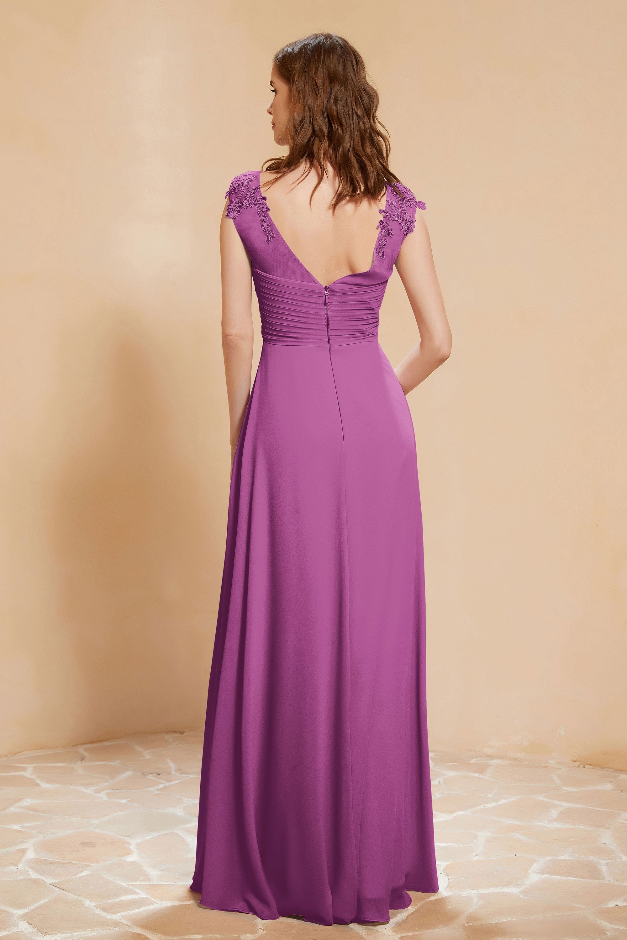Illusion Neck Cap Sleeves Chiffon Bridesmaid Dress with Lace Formal Evening Prom Gowns
