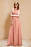 Illusion Neck Cap Sleeves Chiffon Bridesmaid Dress with Lace Formal Evening Prom Gowns