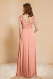 Illusion Neck Cap Sleeves Chiffon Bridesmaid Dress with Lace Formal Evening Prom Gowns